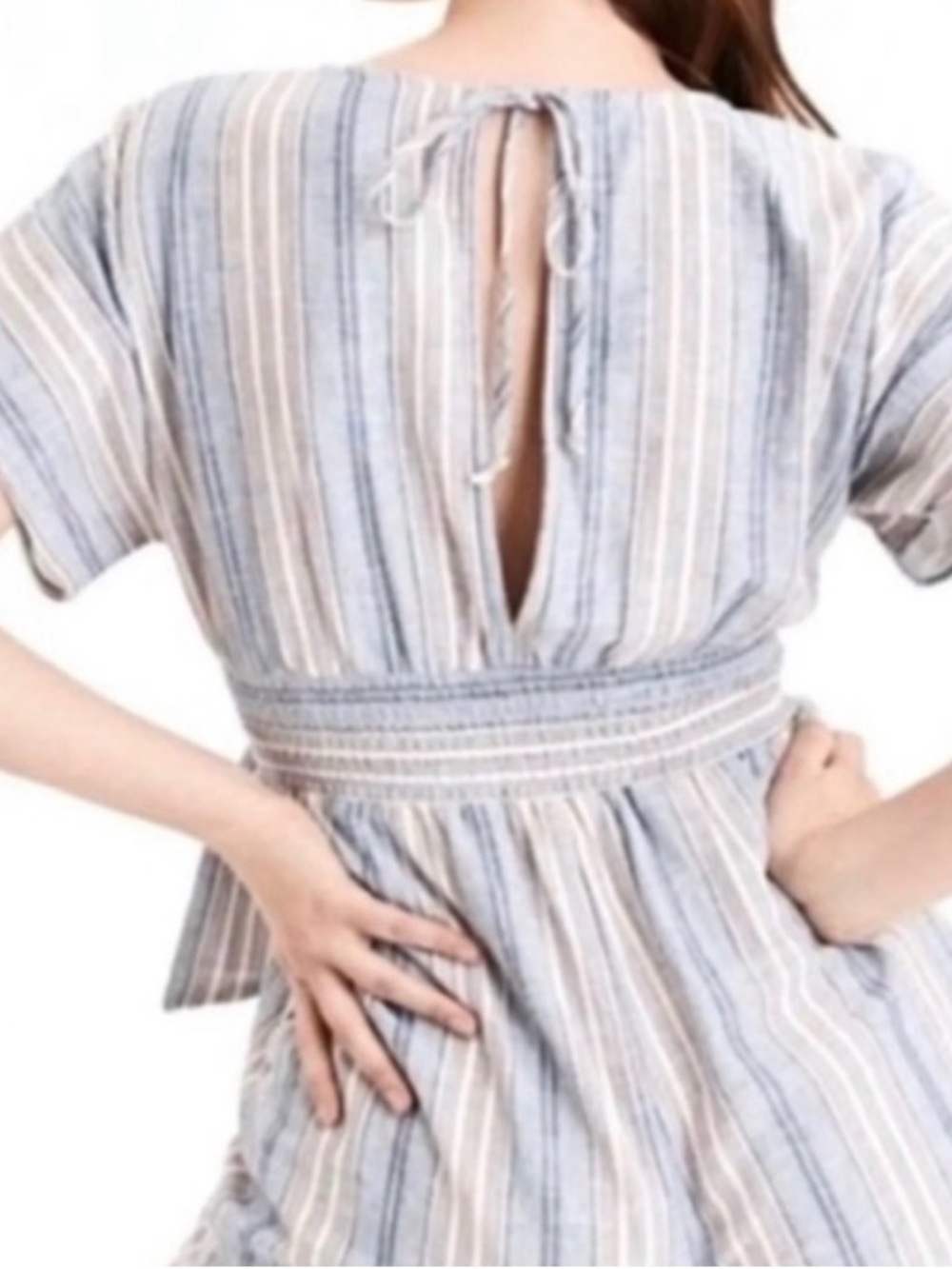 AE Striped V-Neck Romper Linen Cotton Blend Pockets Size Large - Picture 3 of 6